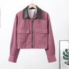 Corduroy Cropped Short Jackets Women Casual Contrast Collar Long Sleeves Zipper Coat Lady Spring Daily Street Wear