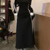 Women Autumn Midi Dresses Black Vintage Simple Y2K V-neck Korean Preppy Style Elastic Long Sleeved A-Line Sports Dress