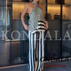 Fall Striped Patchwork Women Blue Suit Neck-mounted Vest+ Modern Straight Pants Night Party Streetwear Set