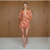Sexy Floral Printed Mini Dress Women V-neck Flared Sleeve Waist Cinching Ruffle Bodycon Vestido Lady Party Vacation Gowns