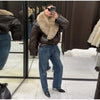 Elegant PU Fur Patchwork Jacket Women Loose Detachable Collar Lapel Double Breasted Jackets Female Winter Warm Outwear
