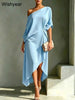 Classy White Dress for Women One-Shoulder Asymmetric Midi Length Loose and Comfortable Ideal for Brunch Church Evening