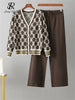 Autumn Two Piece Suits Women V Neck Basics Print Top+Elastic Long Pants Harajuku Casual Knit Sweater Warm Sets