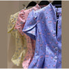 Elegant Printed Waist Cinched Women's Jackets Stand Collar Single Breasted Bubble Sleeve Blouses Summer Lady Commute Tops