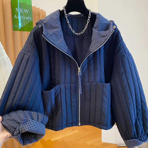 Cotton Down Autumn Hooded Jacket Winter Clothes Women Harajuku Chaquetas Para Mujer Patchwork Plaid Jacket Outwear Coat Parkas