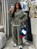 Women Casual Drawstring Waist Cinched Fleece 2 Piece Outfits Half Zip Stand Collar Sweatshirt Wide Leg Pants Set
