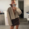 Women Cropped PU Leather Jackets Chic Stand Collar Wide Flare Sleeve Asymmetrical Wrap Open Front Coat Autumn Loose Jacket