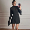 Black Sheer Long Sleeve Dress Women Pleated Patchwork Short Dresses Cocktail Party Sexy See Through Dress