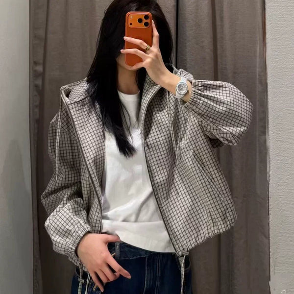 Plaid Stand Collar Jacket Women Long Sleeve Zip Loose Drawstring Outerwear Spring Autumn Casual Chic Office Lady Coat