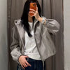 Plaid Stand Collar Jacket Women Long Sleeve Zip Loose Drawstring Outerwear Spring Autumn Casual Chic Office Lady Coat