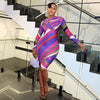 Women's Colorful Stripes Print O-Neck Long Sleeve Waistband Hips Wrapped Dress