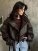 Casual Black Leather Lace Up Short Jacket Women Long Sleeve Zipper Lapel Loose Button Coat Lady Daily High Street Outerwear