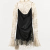 Elegant Lace Patchwork Short Dress Women See Through High Collar Flare Sleeve Party Dresses Autumn Lady Evening Robes