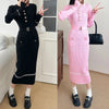 Autumn Winter Women Knitted Dress Brand O-neck Buttons Bodycon Sweater Dress with Belt Lady Office Dress