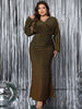 Plus Size V-Neck Long Sleeve Mermaid Hem Dress Women Autumn Evening Party Glitter High Waist Bodycon Long Dress