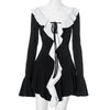 Sexy Black White Patchwork Ruffles Short Dress Women's Long Flare Sleeve Lace-up Evening Party Mini Dresses Female Blue Pink Red