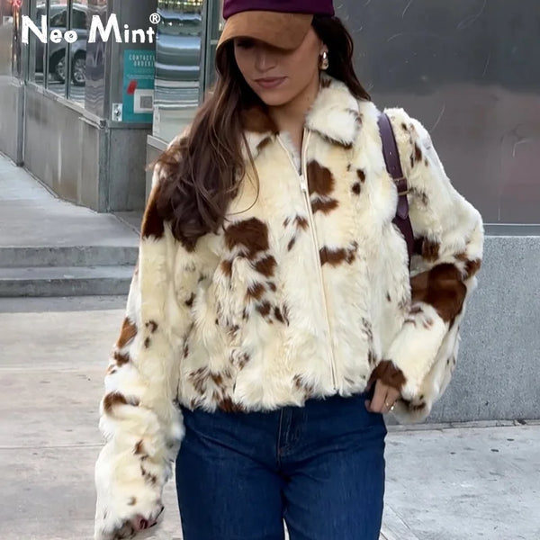 Chic Street Girls Cow Print Fur Coat Women Winter Brand Warm Faux Fur Jacket Autumn Iconic Streetwear