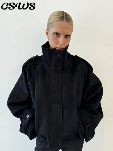 Elegant Woolen Single Breasted Jacket Women Loose Full Sleeve Big Pockets Lapel Outwear Lady Autumn Winter Coats Femaleer