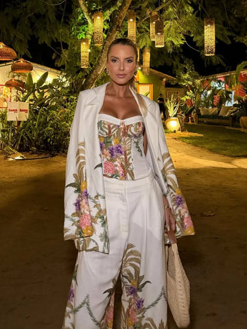 Floral Print Pants 3-piece Set Women Elegant Oversized Blazer Corset Top Sling Top Suit Lady Holiday Bohemian Outfit