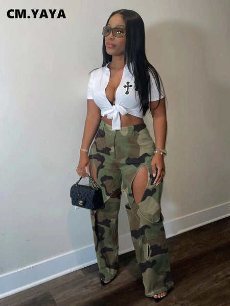 women camouflage cutout cross criss straight cargo pants autumn winter safari style trousers
