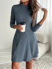 Women's Slim Fit Half High Collar Waist Cinched A-Line Skirt Long Sleeved Pit Stripe Dress