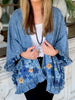 Vintage Cute Solid Splicing Pocket Denim Jacket Female Streetwear Lapel 3/4 Sleeves Ruffle Cardigan Loose Women Coat