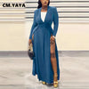 Plus Size Women Full Sleeve Evening Dresses Classic V-neck Maxi Vestidos Night Club Split Party Long Dress