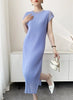 White Textured Pleated Women's Dress Raglan Sleeve Round Neck Side Slit Casual Formal Sheer Dresses Spring