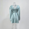 Elegant Party Satin Flare Long Sleeve Dress Women's Sexy Deep V Neck Solid Color Higt Waist Dresses Autumn short skirts