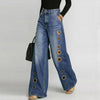 Women Faux Denim Wide Leg Pants High Waist Floral Print Eyelet Hole Decor Loose Baggy Trousers Vintage Street Long Pants