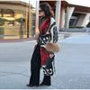 Vintage Ethnic Geometric Print Coat Women Belted Waist Faux Fur Cuff Patchwork Open Front Maxi Robe Autumn Winter Chic Cardigan