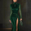 Elegant Party Evening Maxi Dress for Women's Split Hem Knot Ruched Mesh Velvet Splice Turtleneck Long Sleeve Cocktail Dress