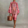 Women's Vintage Elegant Printed High Neck Kaftan Dress Long Sleeves Loose Elegant Evening Midi Dresses Robe