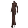 Turtleneck Long Sleeve Bodycon Dress Women Tight Elastic Lace-up Maxi Dresses Winter Evening Party Curvy Robe Red Brown