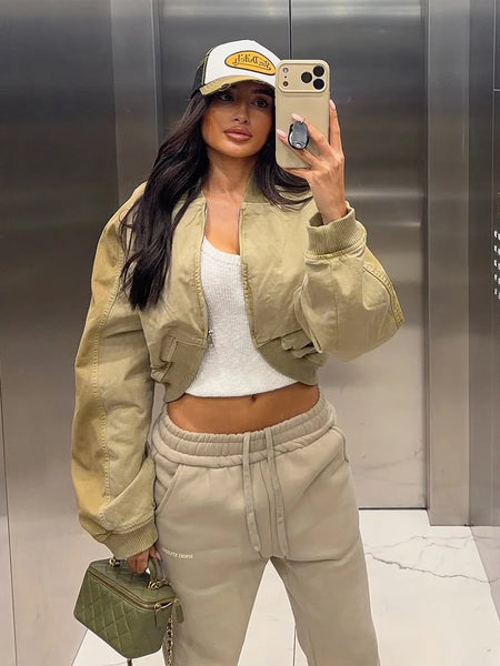 Cropped Bomber Short Jackets Women Solid Folded Hem Zipper Pockets Full Sleeves Coats Women Lady Casual Daily Street Outwear