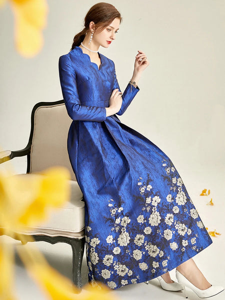 Elegant Brocade Jacquard Women Long Maxi Dress Blue Floral Ladis Party Fall Autumn Winter Clothing