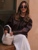Vintage Wine Red Loose Short Leather Jacket Women Lapel Long Sleeves Zipper Cropped Coat Autumn Lady Street Outwear