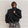 Women Leather Bomber Jackets Coats With Belt Notched Shoulder Pads Motorcycle Street Chic Short Outwear Solid Lace Up