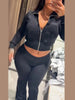 Zipper Plush Jacket Long Pants Lady Set Solid Color Lapel Jackets High Waist Slim Bell-Bottom Trousers Casual Women's Sets