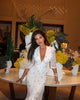 Women White Floral Print Maxi Dress V Neck Puff Sleeve Peplum Waist Fishtail Hem Chiffon Robe Elegant Party Wedding Guest Gown