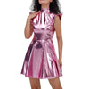 Metallic Women's Shiny Dress Holographic Solid Color Turtleneck Pleated Dress Carnival Costume Gold Silver Rave Dress Outfits