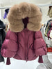 Lagabogy Winter Large Real Fur Hooded Puffer Jacket Women White Duck Down Mid Long Parka Thick Warm Knitted Sleeve Coat