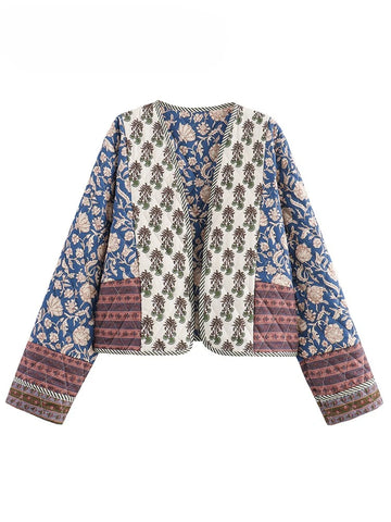 Vintage Women's Print Patchwork Cotton Jacket Quilted Long Sleeve Loose Short Warm Coat Autumn Winter Female Outwear