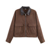Corduroy Cropped Short Jackets Women Casual Contrast Collar Long Sleeves Zipper Coat Lady Spring Daily Street Wear