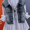 Fake Two Denim Shirts Women Spring Autumn Korean Joker Striped Denim Shirt Ladies Top Casual Jean Coat Female