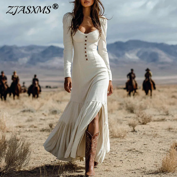 Vintage Spring U Neck Button Pleated Long Dress Woman Solid Split Boho Dress Autumn Long Sleeve Slim Maxi Dress Vestidos