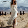 Vintage Spring U Neck Button Pleated Long Dress Woman Solid Split Boho Dress Autumn Long Sleeve Slim Maxi Dress Vestidos