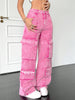 Pink Cotton Women's Wide-Leg Loose-Fitting Jeans, Multi-Pocket Y2K Style Pink Jeans