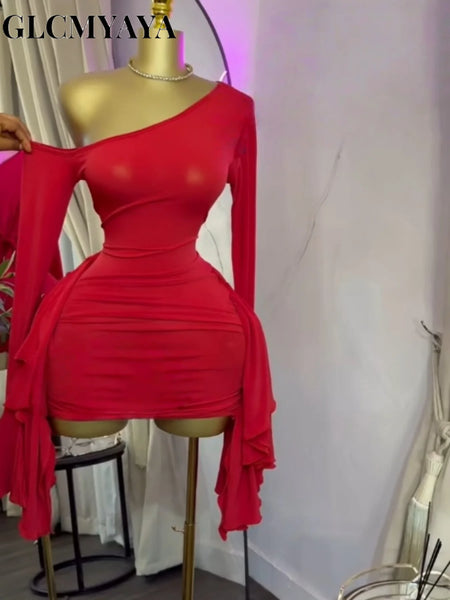 Women Drop Shoulder Flare Sleeve Ruffles Side Bodycon Midi Mini Dress Birthday Holiday Dresses Vestidos