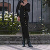 Elegant Evening Dress Women V Neck Long Sleeve Patchwork Button Slit Sweater Dresses Autumn Winter Knit Maxi Dress